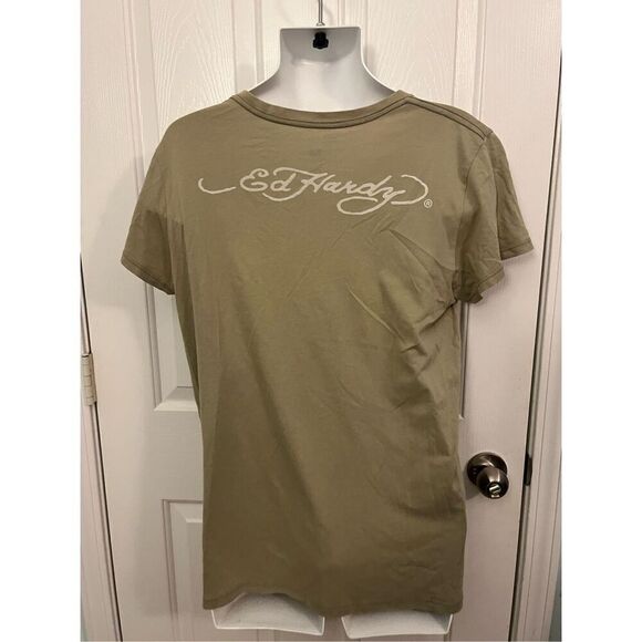 Ed Hardy V-Neck Short Sleeve Taupe Tan T-Shirt Men’s Size Medium Embroidered Tig - Picture 5 of 5